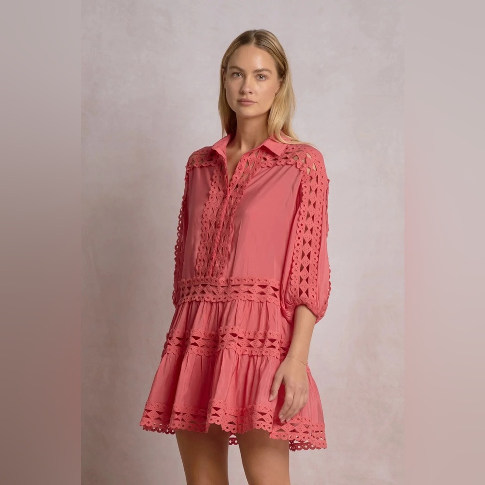NWT Elan Coral Eyelet Lace Mini Dress | Boho Chic Tiered Ruffle Dress